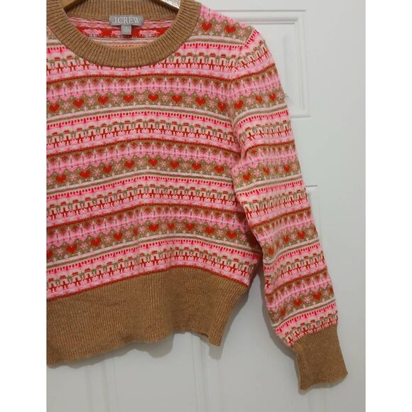 J crew womens medium pink tan fairisle puff sleeve colorblock sweater wool - Picture 3 of 7